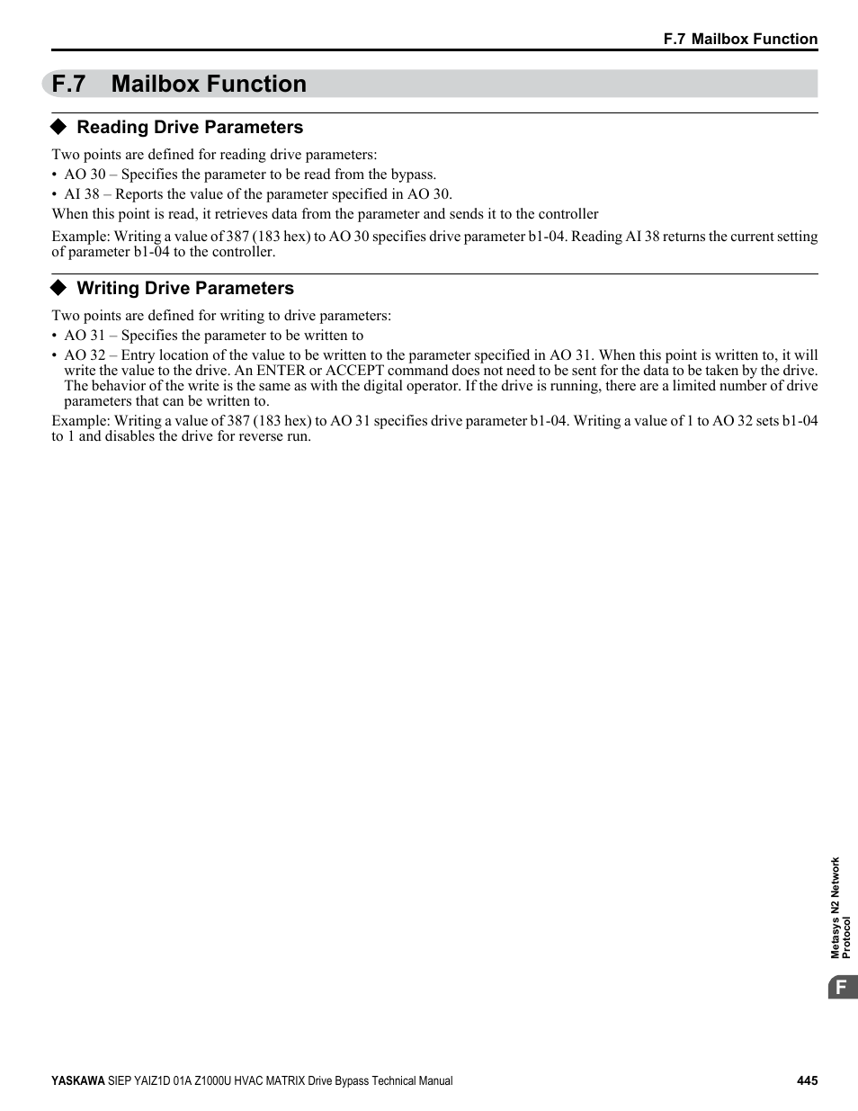 Mailbox function, Reading drive parameters, Writing drive parameters | F.7 mailbox function | Yaskawa Z1000U HVAC Matrix Bypass User Manual | Page 445 / 472