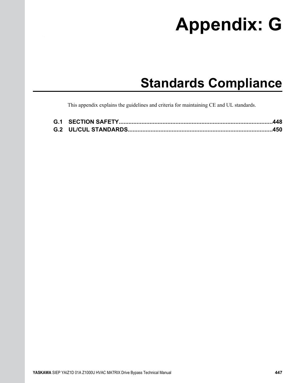 Standards compliance, G. standards compliance, Appendix: g | Yaskawa Z1000U HVAC Matrix Bypass User Manual | Page 447 / 472