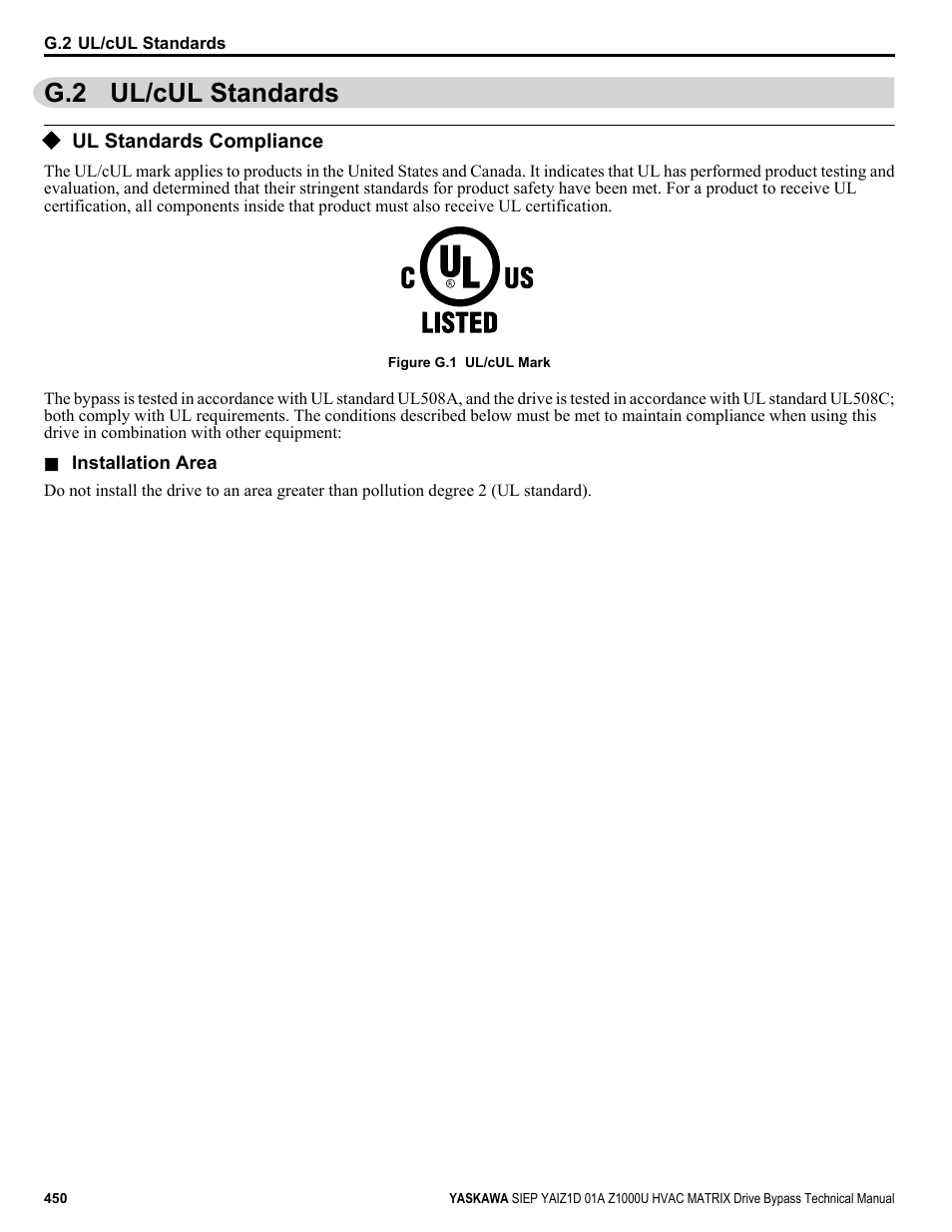 Ul/cul standards, Ul standards compliance, G.2 ul/cul standards | For information on ul compliance | Yaskawa Z1000U HVAC Matrix Bypass User Manual | Page 450 / 472