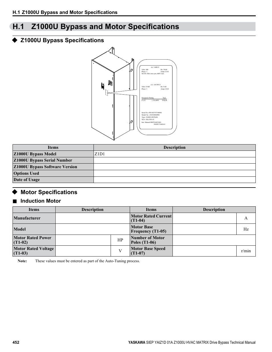 Z1000u bypass and motor specifications, Z1000u bypass specifications, Motor specifications | H.1 z1000u bypass and motor specifications, Induction motor | Yaskawa Z1000U HVAC Matrix Bypass User Manual | Page 452 / 472