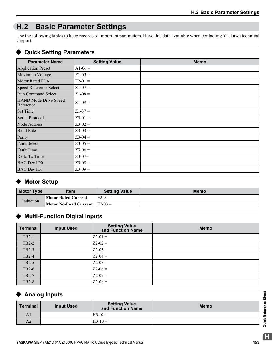 Basic parameter settings, Quick setting parameters, Motor setup | Multi-function digital inputs, Analog inputs, H.2 basic parameter settings | Yaskawa Z1000U HVAC Matrix Bypass User Manual | Page 453 / 472