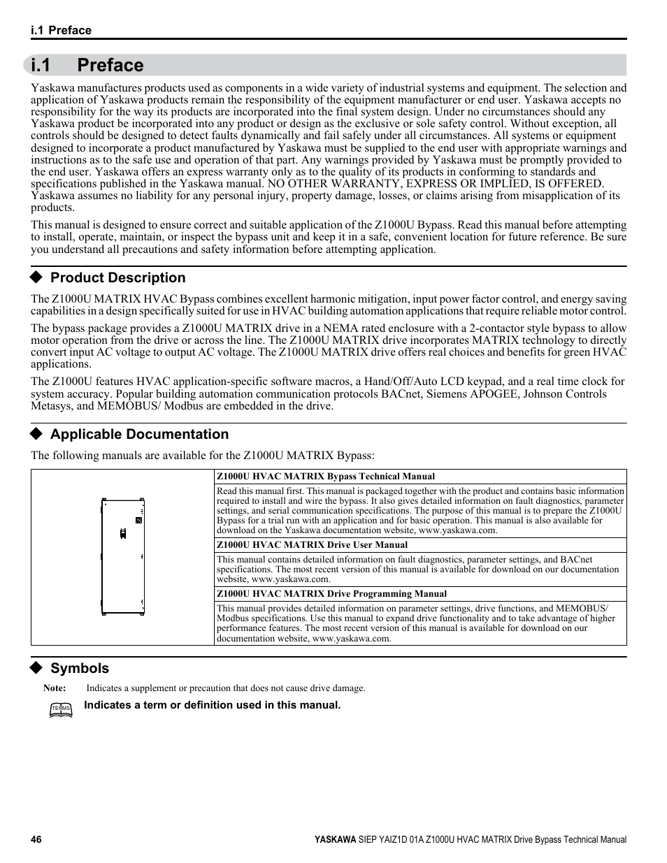 Preface, Product description, Applicable documentation | Symbols, I.1 preface | Yaskawa Z1000U HVAC Matrix Bypass User Manual | Page 46 / 472