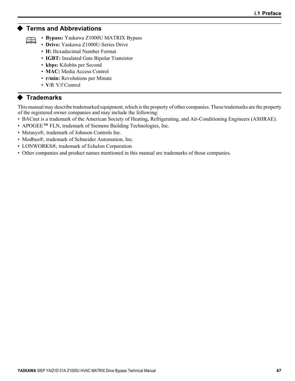 Terms and abbreviations, Trademarks | Yaskawa Z1000U HVAC Matrix Bypass User Manual | Page 47 / 472