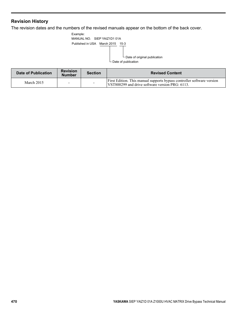 Revision history | Yaskawa Z1000U HVAC Matrix Bypass User Manual | Page 470 / 472