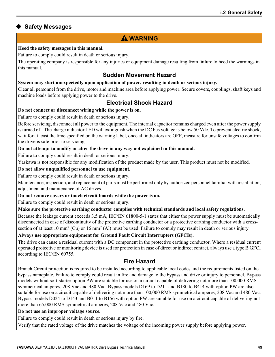 Safety messages | Yaskawa Z1000U HVAC Matrix Bypass User Manual | Page 49 / 472