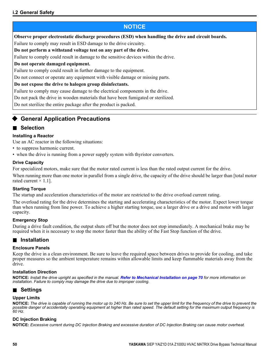 General application precautions, Notice | Yaskawa Z1000U HVAC Matrix Bypass User Manual | Page 50 / 472