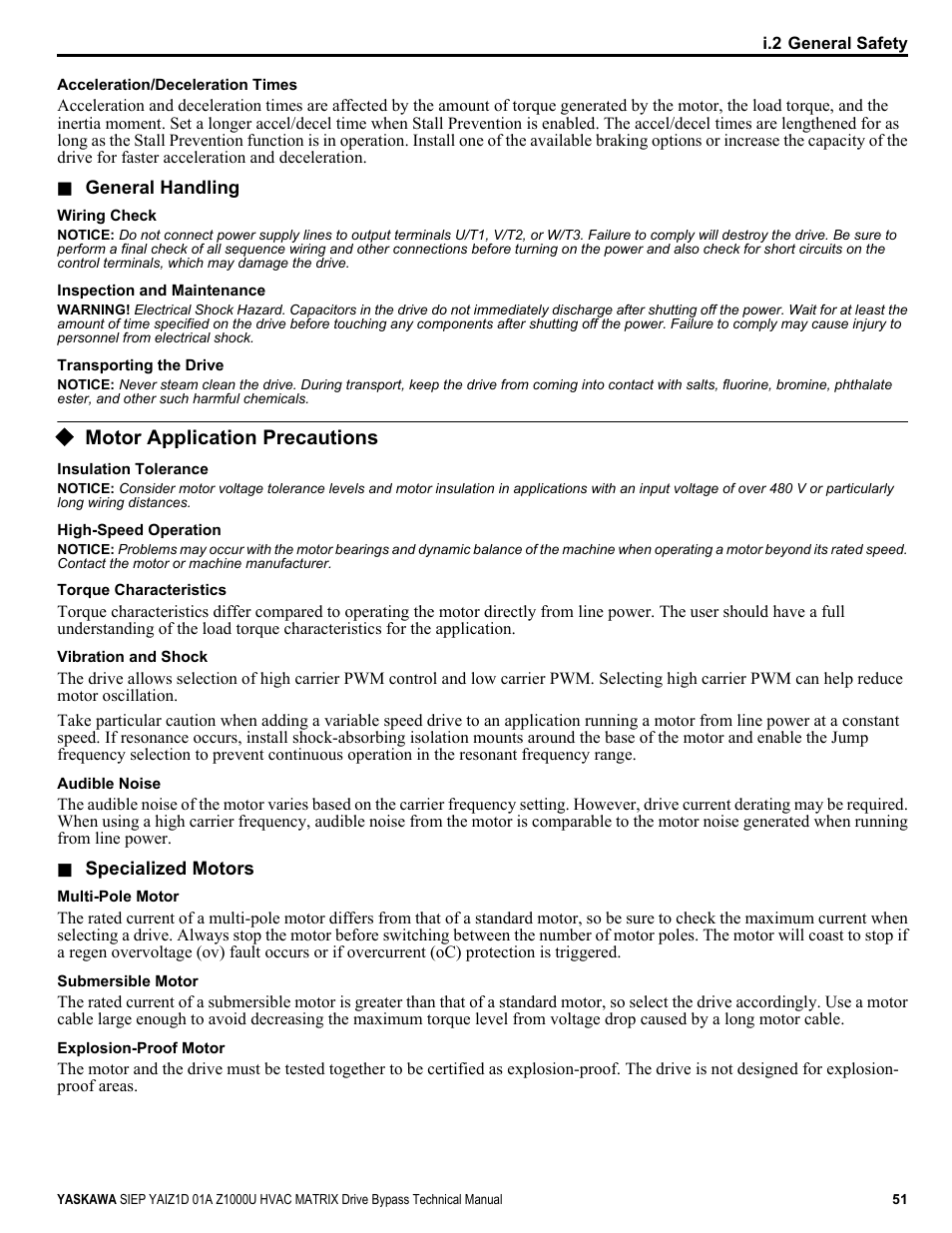 Motor application precautions | Yaskawa Z1000U HVAC Matrix Bypass User Manual | Page 51 / 472