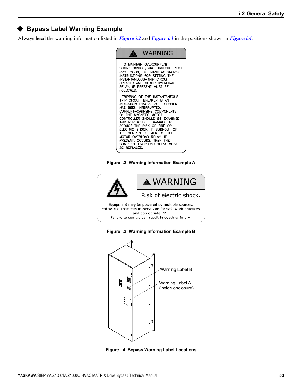 Bypass label warning example | Yaskawa Z1000U HVAC Matrix Bypass User Manual | Page 53 / 472