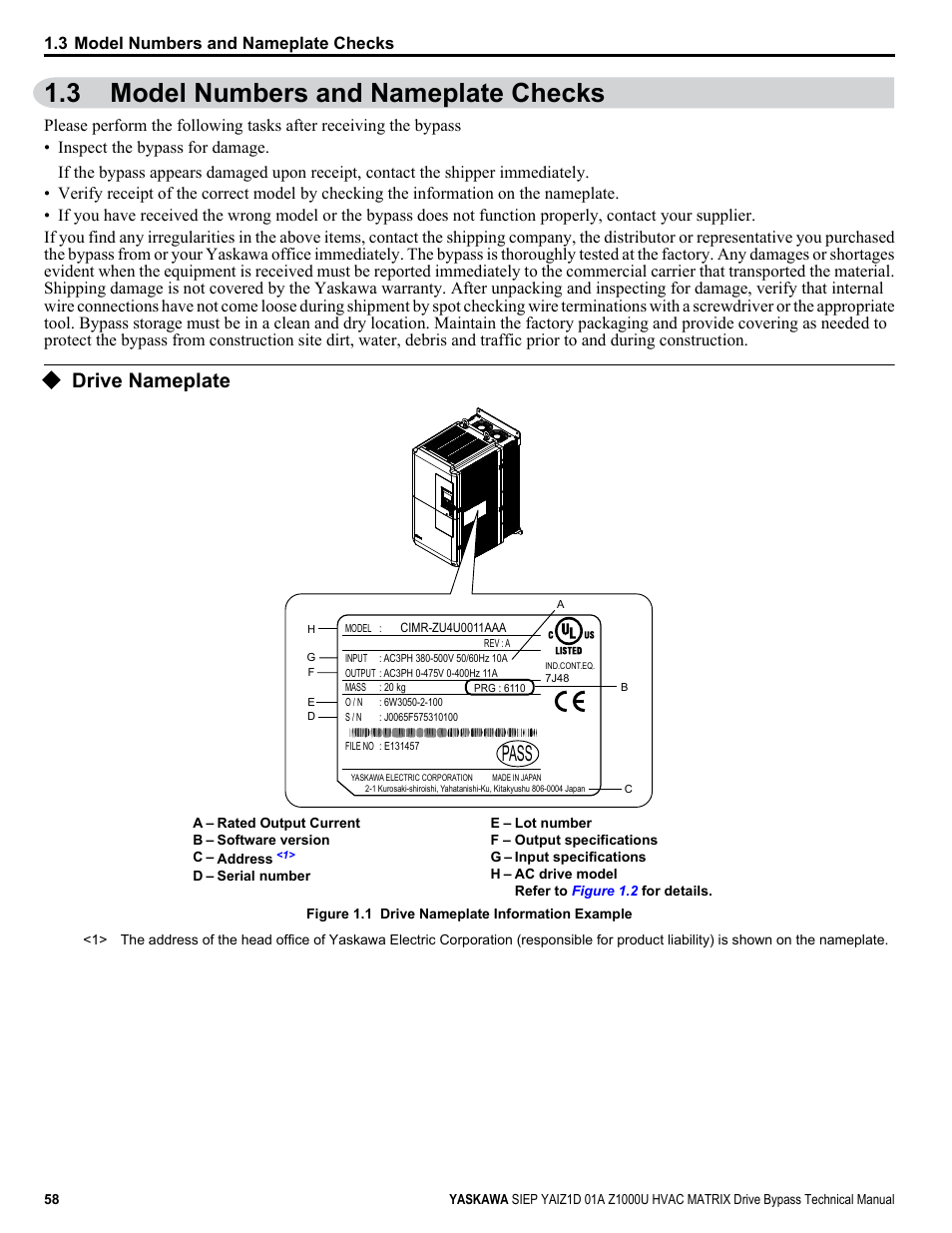 Model numbers and nameplate checks, Drive nameplate, 3 model numbers and nameplate checks | Pass | Yaskawa Z1000U HVAC Matrix Bypass User Manual | Page 58 / 472