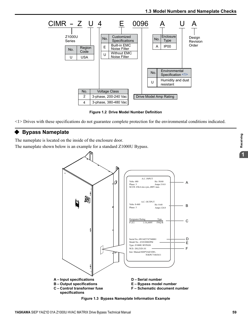 Bypass nameplate, 3 model numbers and nameplate checks | Yaskawa Z1000U HVAC Matrix Bypass User Manual | Page 59 / 472