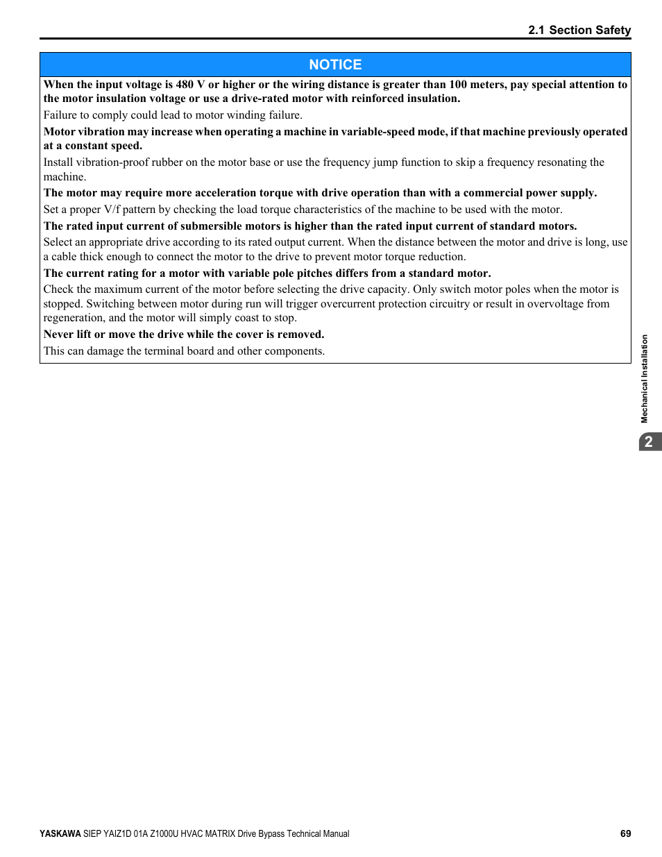 Notice | Yaskawa Z1000U HVAC Matrix Bypass User Manual | Page 69 / 472