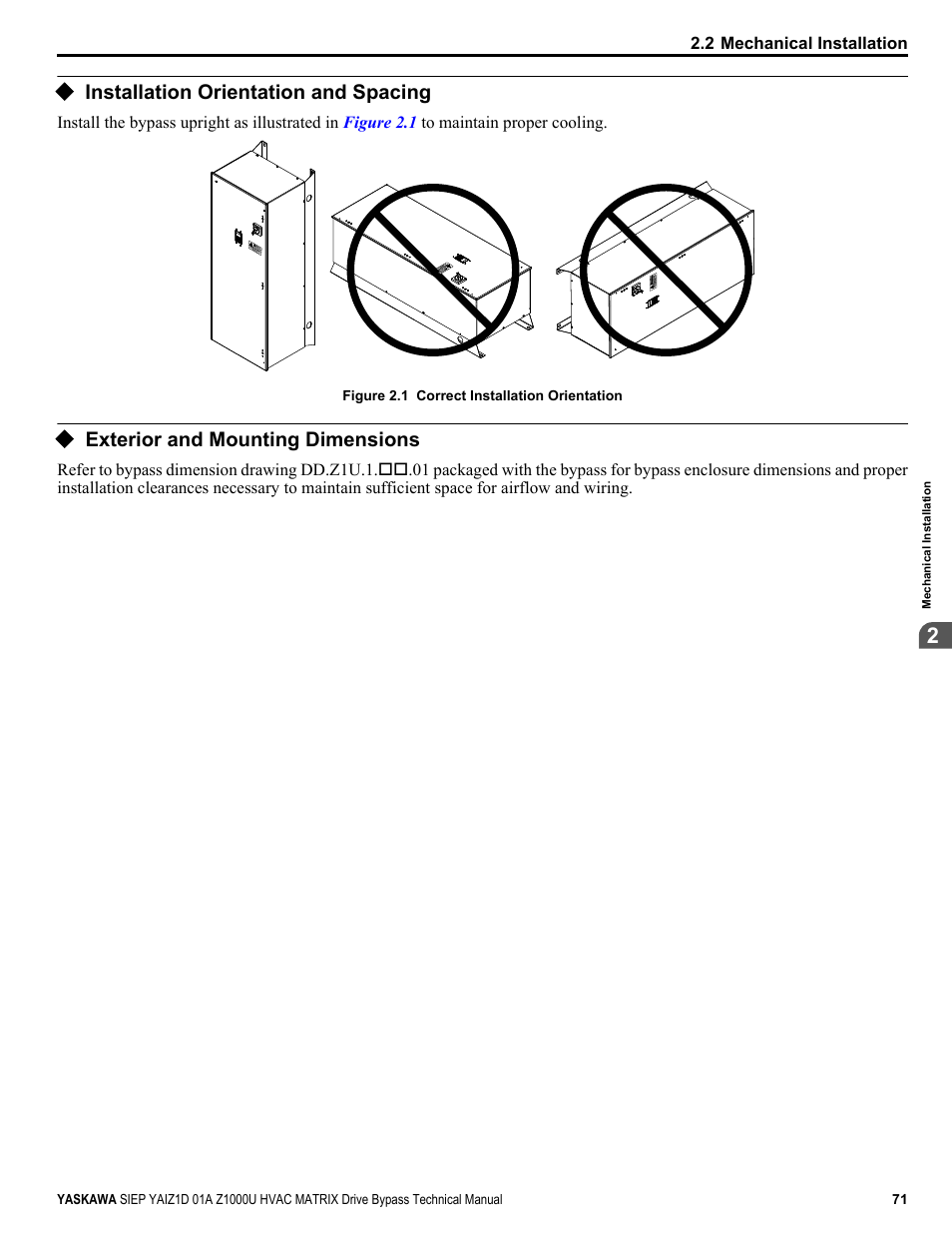 Installation orientation and spacing, Exterior and mounting dimensions | Yaskawa Z1000U HVAC Matrix Bypass User Manual | Page 71 / 472