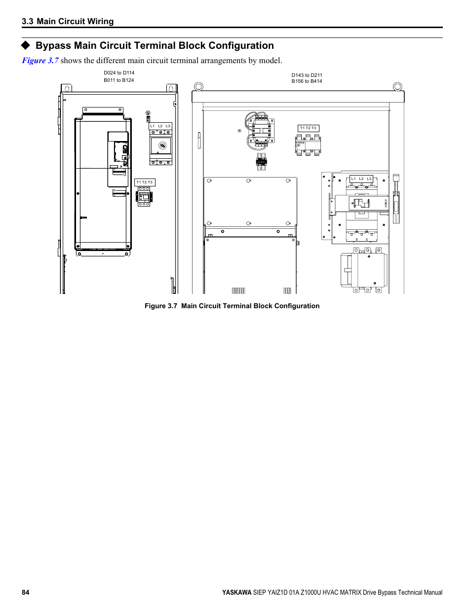 Bypass main circuit terminal block configuration, 3 main circuit wiring | Yaskawa Z1000U HVAC Matrix Bypass User Manual | Page 84 / 472