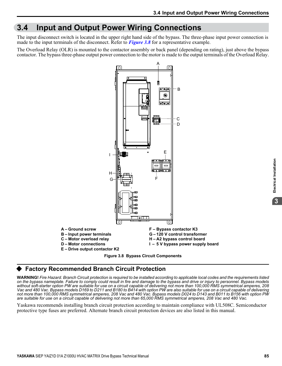 Input and output power wiring connections, Factory recommended branch circuit protection, 4 input and output power wiring connections | Yaskawa Z1000U HVAC Matrix Bypass User Manual | Page 85 / 472