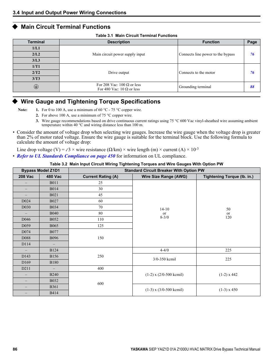 Main circuit terminal functions, Wire gauge and tightening torque specifications | Yaskawa Z1000U HVAC Matrix Bypass User Manual | Page 86 / 472