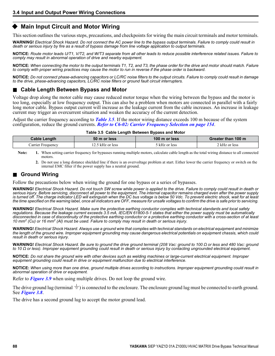 Main input circuit and motor wiring | Yaskawa Z1000U HVAC Matrix Bypass User Manual | Page 88 / 472
