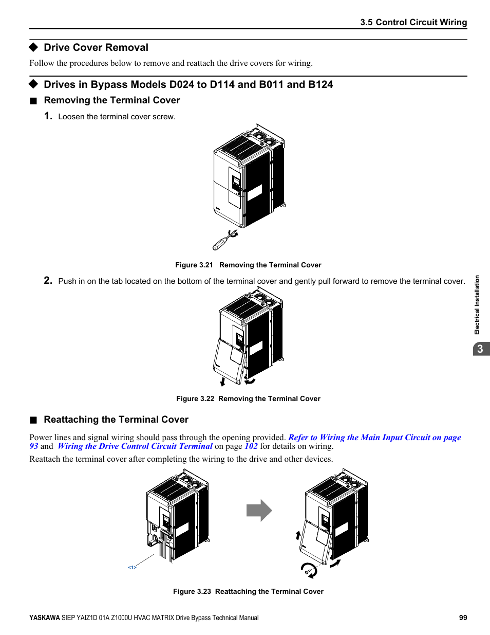 Drive cover removal | Yaskawa Z1000U HVAC Matrix Bypass User Manual | Page 99 / 472