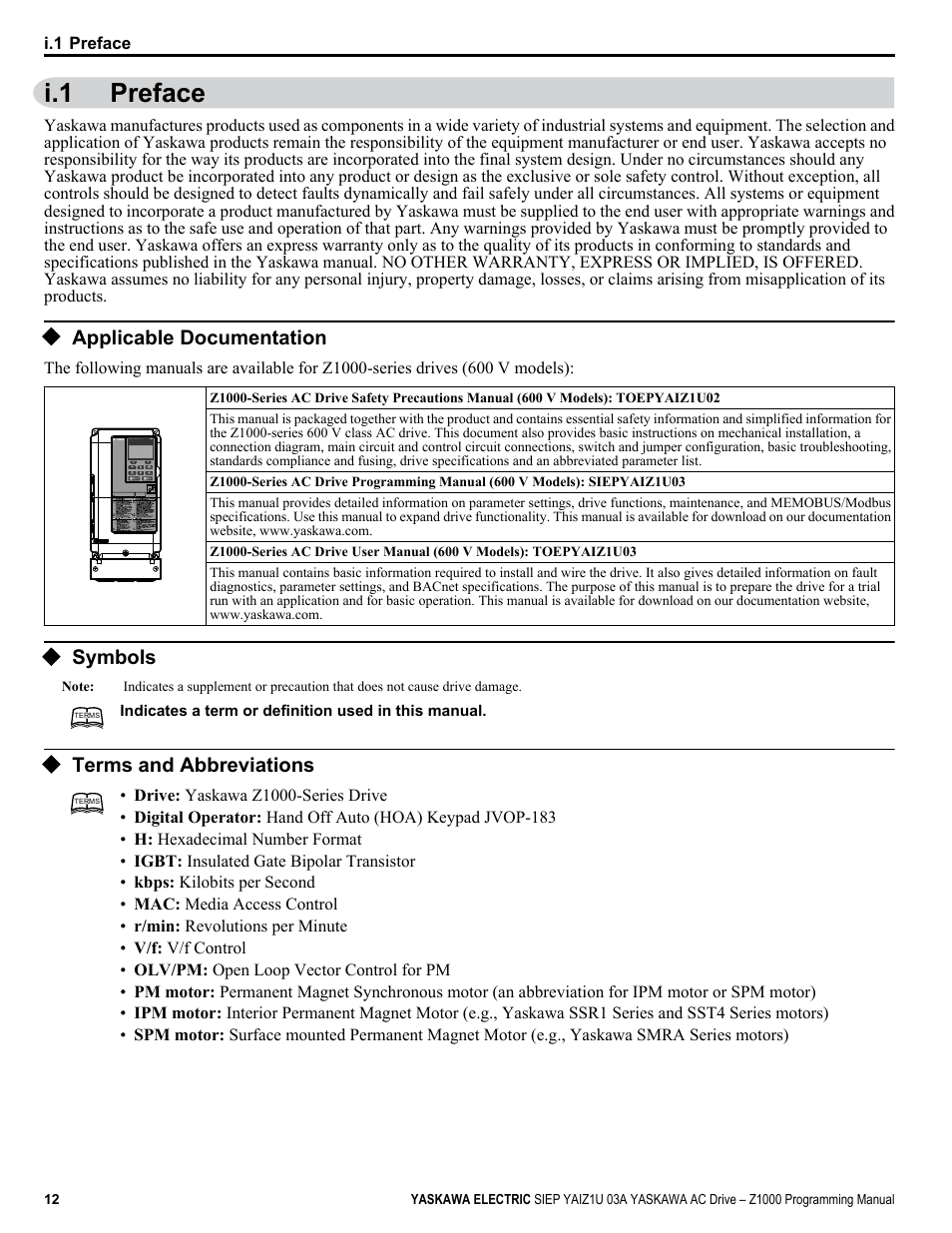 Preface, Applicable documentation, Symbols | Terms and abbreviations, I.1 preface | Yaskawa AC Drive Z1000 AC Drive HVAC Fan User Manual | Page 12 / 340