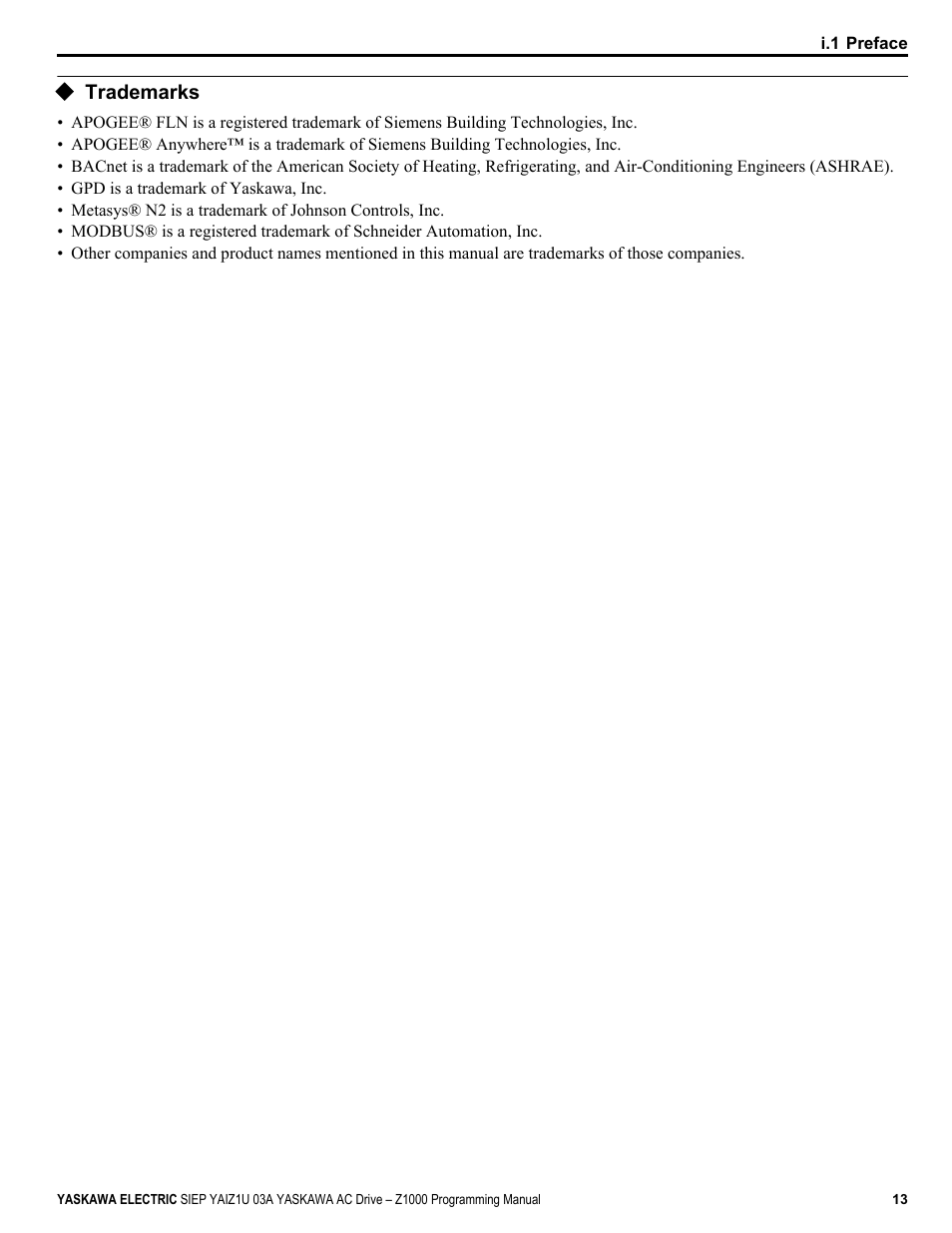Trademarks | Yaskawa AC Drive Z1000 AC Drive HVAC Fan User Manual | Page 13 / 340