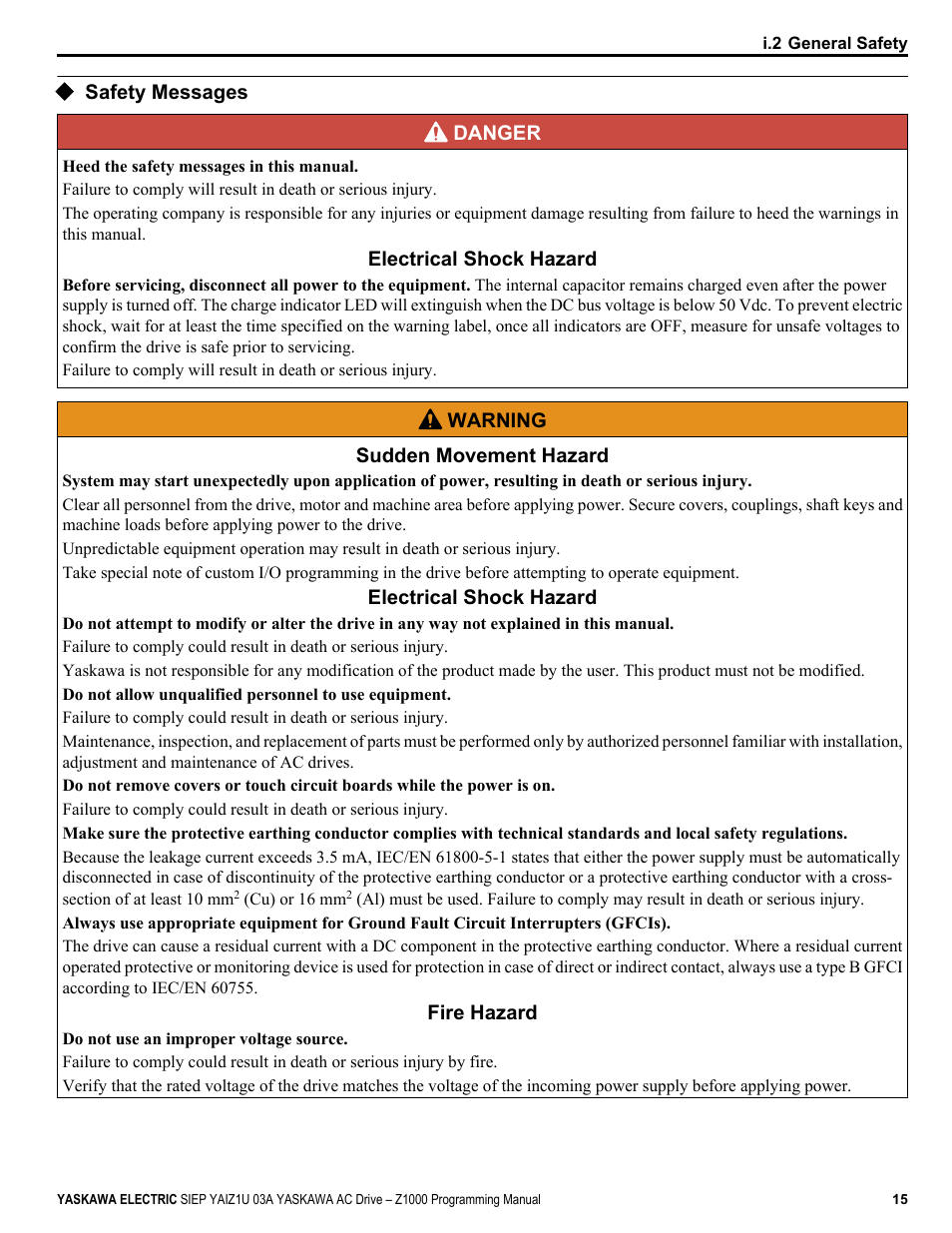 Safety messages | Yaskawa AC Drive Z1000 AC Drive HVAC Fan User Manual | Page 15 / 340