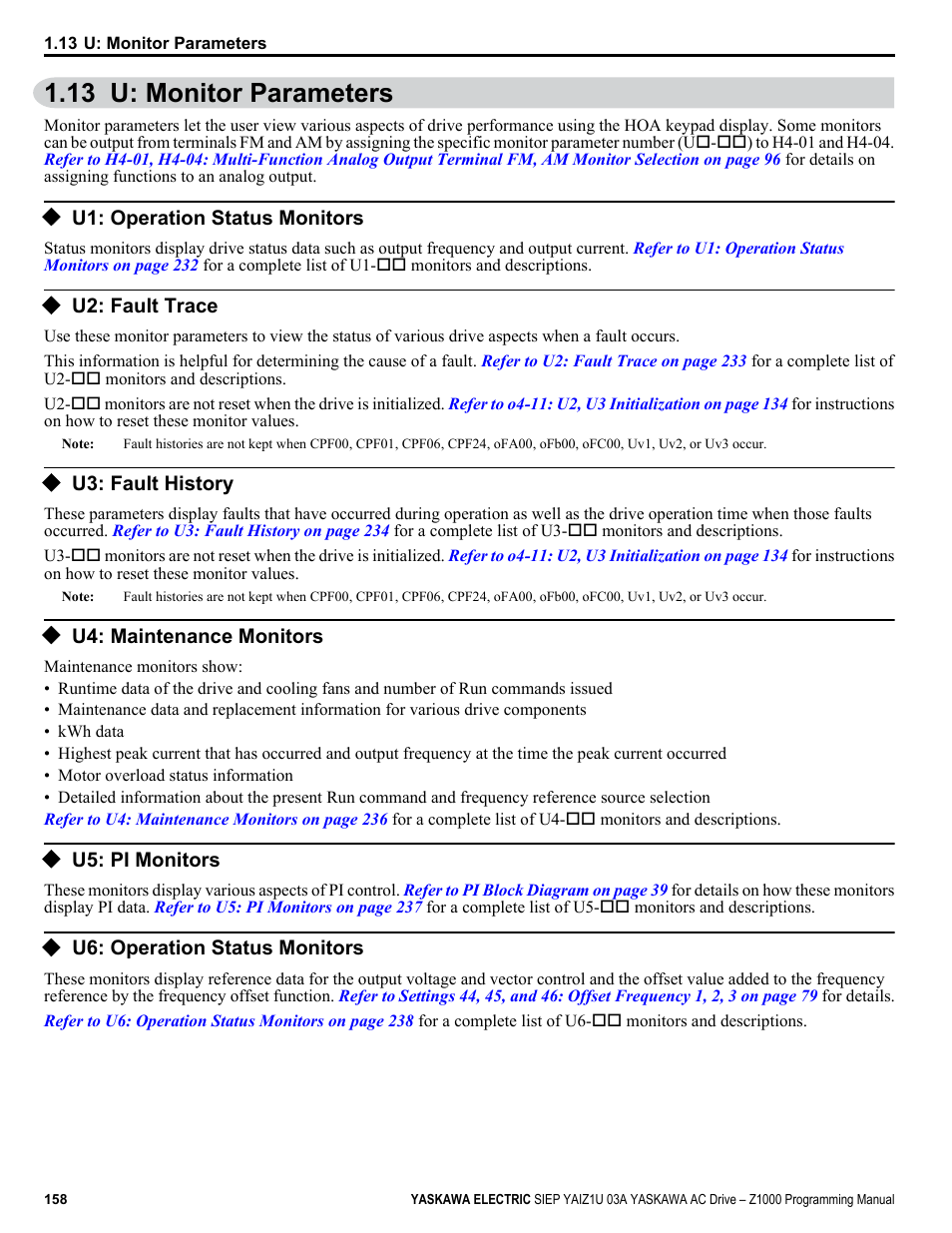 U: monitor parameters, U1: operation status monitors, U2: fault trace | U3: fault history, U4: maintenance monitors, U5: pi monitors, U6: operation status monitors, 13 u: monitor parameters, Refer to u: monitor | Yaskawa AC Drive Z1000 AC Drive HVAC Fan User Manual | Page 158 / 340