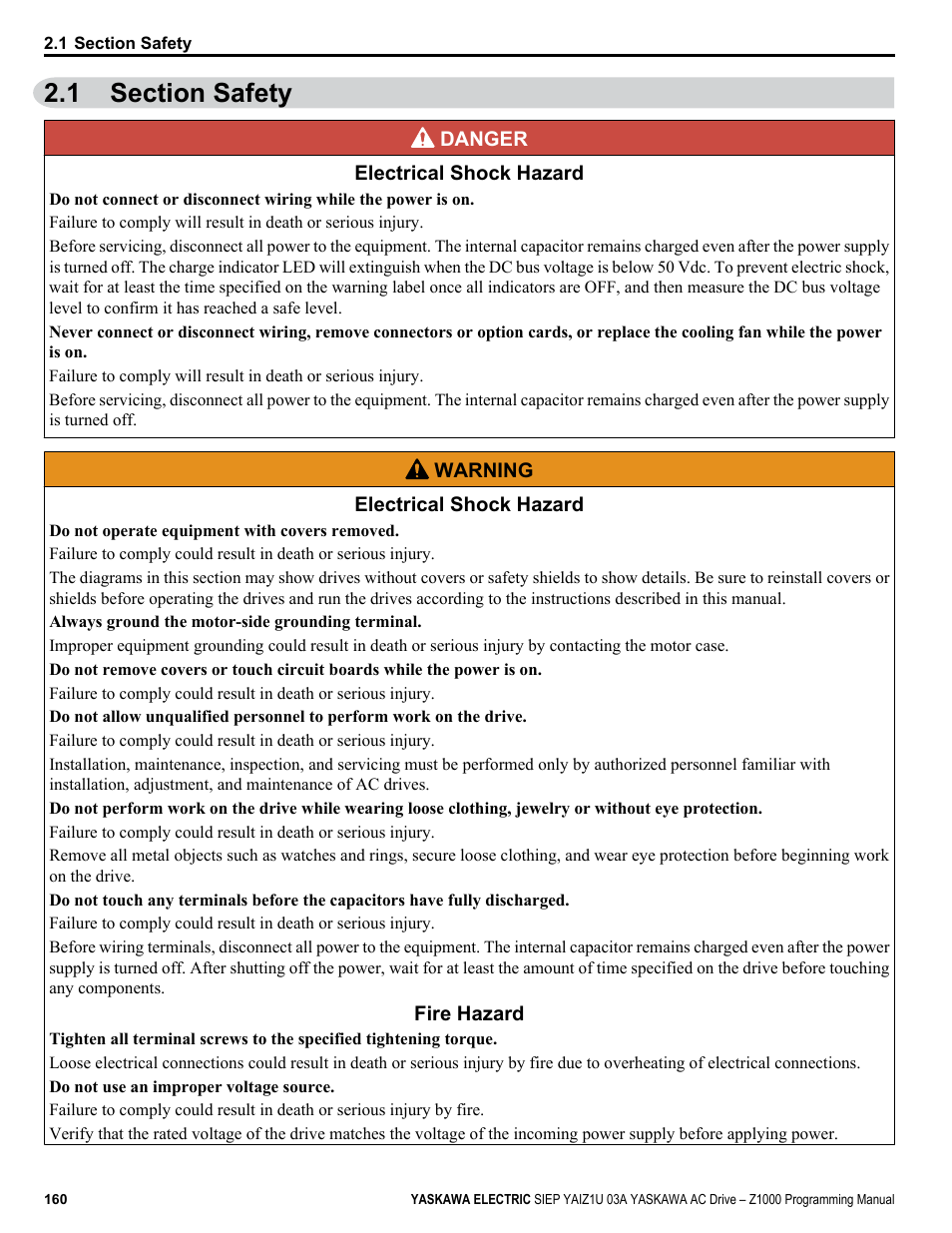 Section safety, 1 section safety | Yaskawa AC Drive Z1000 AC Drive HVAC Fan User Manual | Page 160 / 340