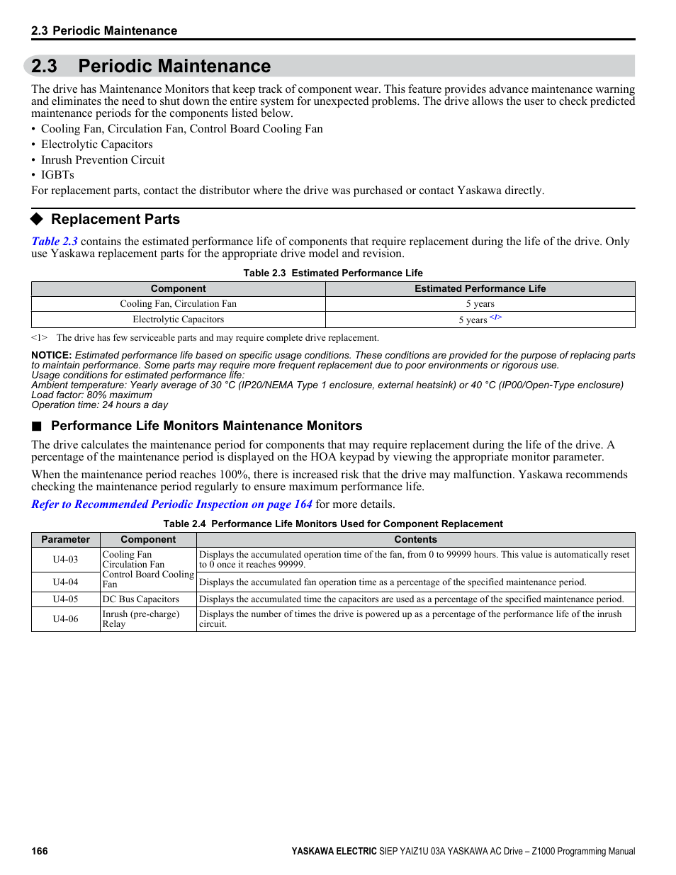 Periodic maintenance, Replacement parts, 3 periodic maintenance | Yaskawa AC Drive Z1000 AC Drive HVAC Fan User Manual | Page 166 / 340