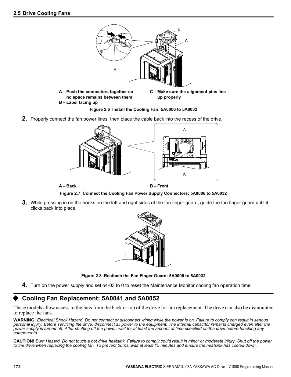 Cooling fan replacement: 5a0041 and 5a0052 | Yaskawa AC Drive Z1000 AC Drive HVAC Fan User Manual | Page 172 / 340