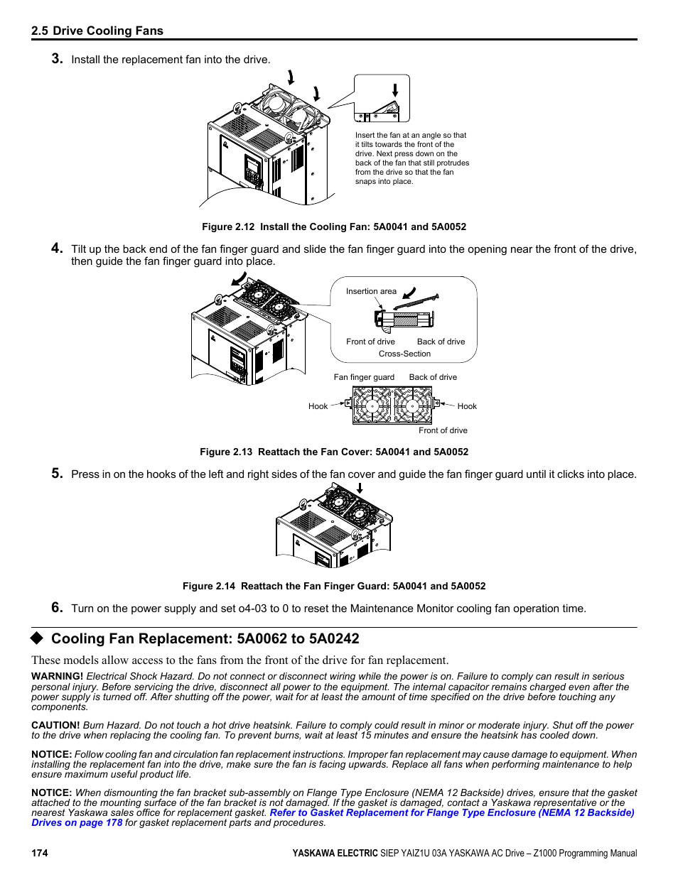 Cooling fan replacement: 5a0062 to 5a0242 | Yaskawa AC Drive Z1000 AC Drive HVAC Fan User Manual | Page 174 / 340
