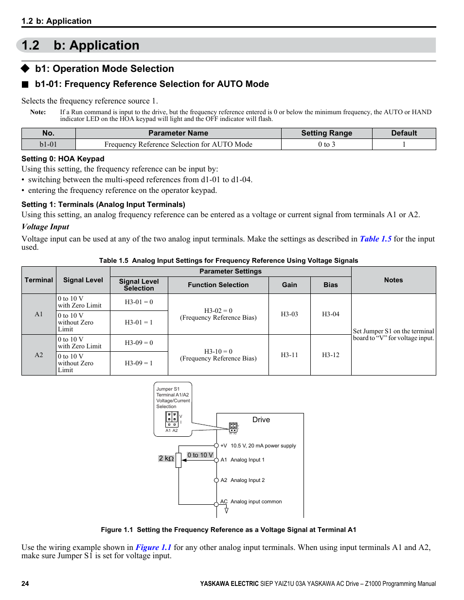 B: application, B1: operation mode selection, 2 b: application | B1-01: frequency reference selection for auto mode | Yaskawa AC Drive Z1000 AC Drive HVAC Fan User Manual | Page 24 / 340