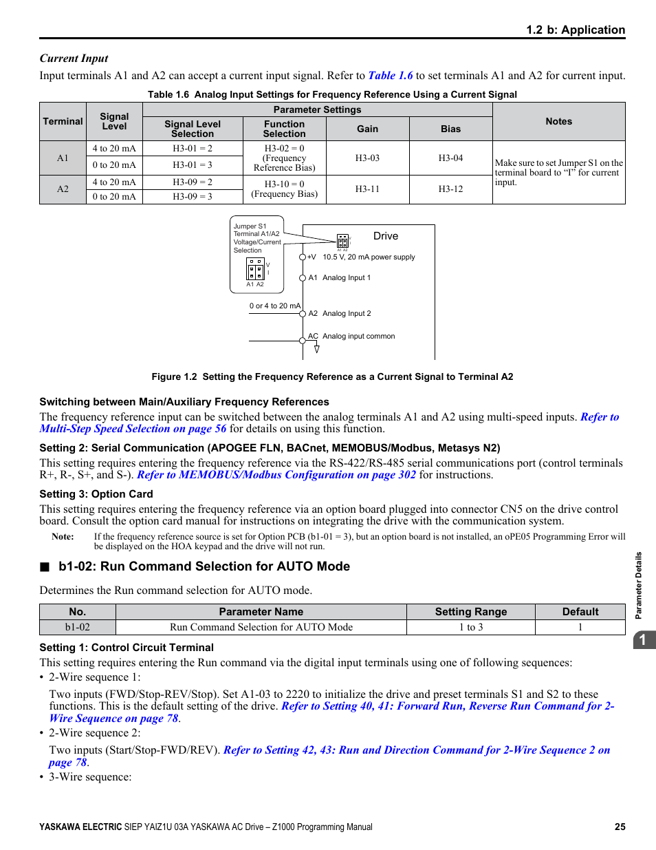 B1-02: run command selection for auto mode | Yaskawa AC Drive Z1000 AC Drive HVAC Fan User Manual | Page 25 / 340