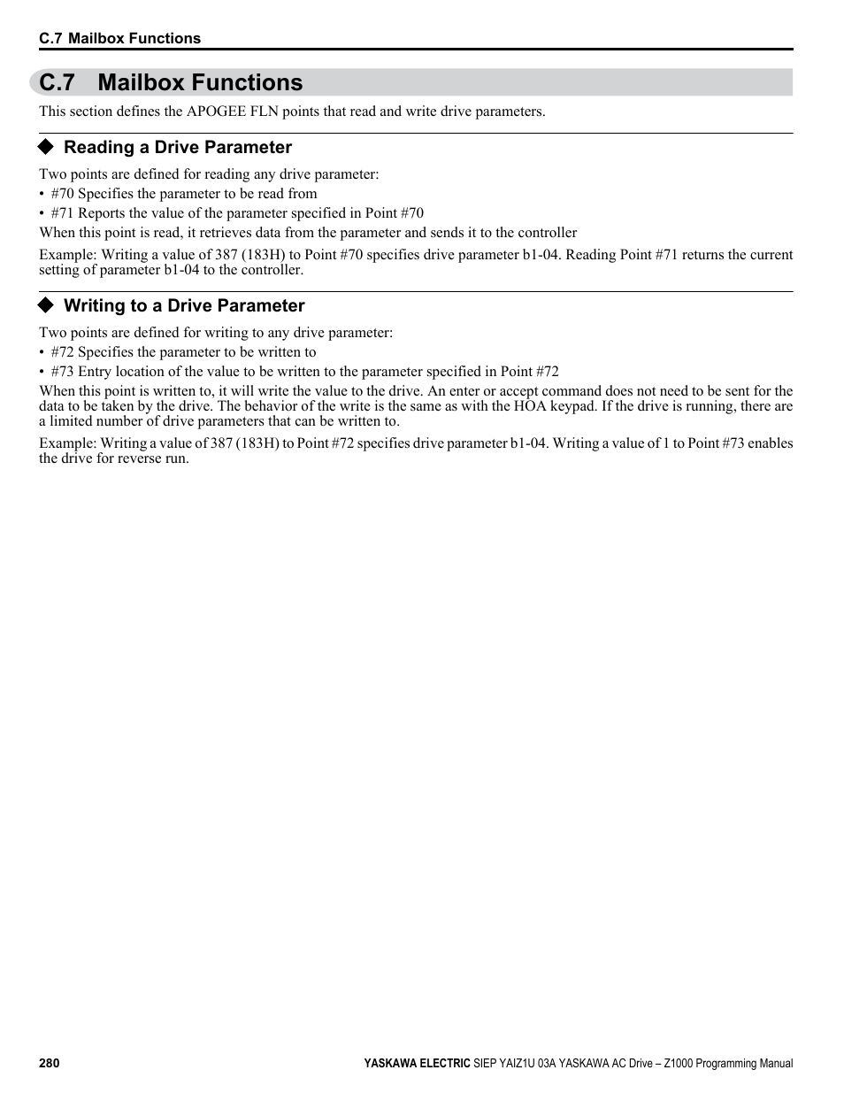 Mailbox functions, Reading a drive parameter, Writing to a drive parameter | C.7 mailbox functions | Yaskawa AC Drive Z1000 AC Drive HVAC Fan User Manual | Page 280 / 340