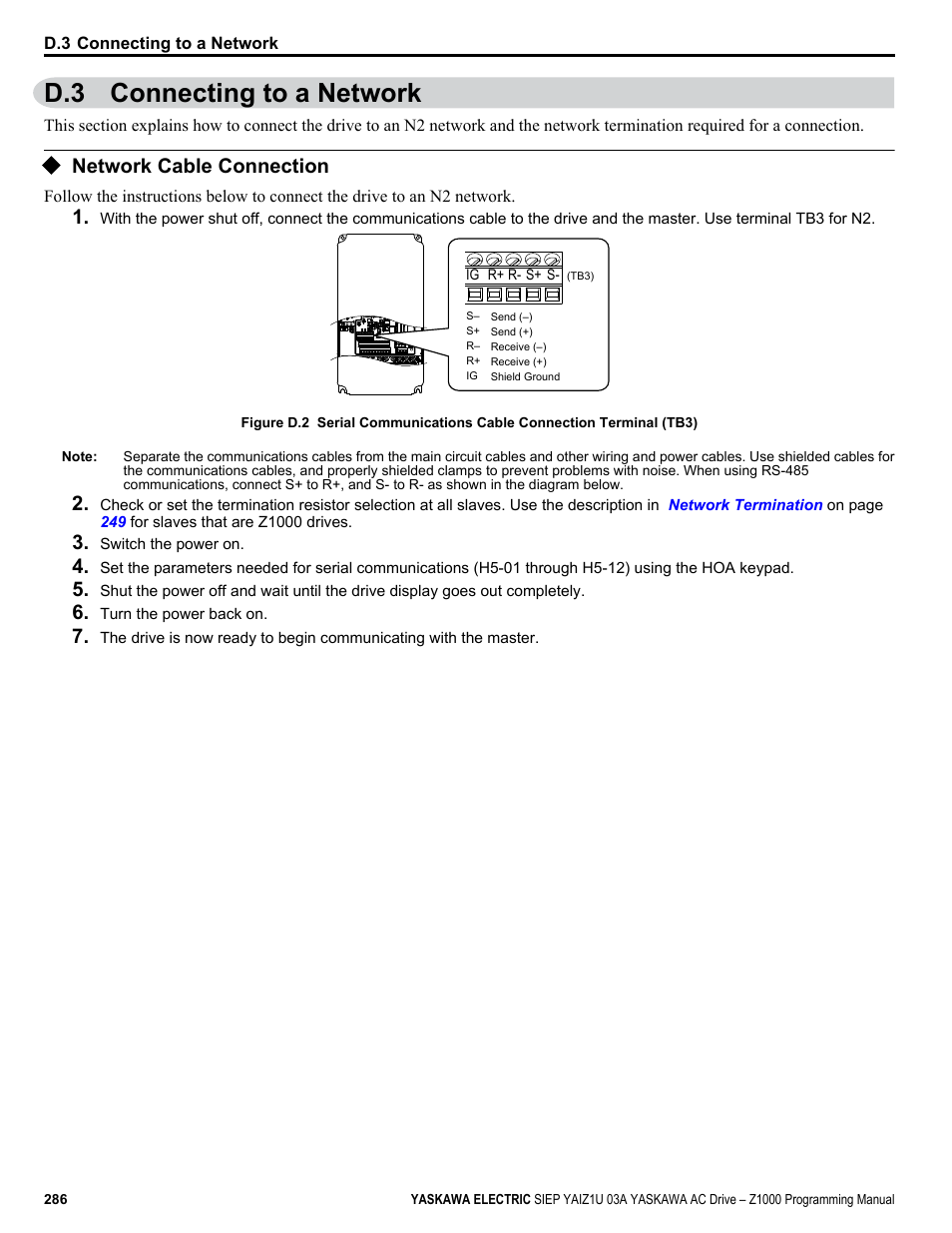 Connecting to a network, Network cable connection, D.3 connecting to a network | Yaskawa AC Drive Z1000 AC Drive HVAC Fan User Manual | Page 286 / 340
