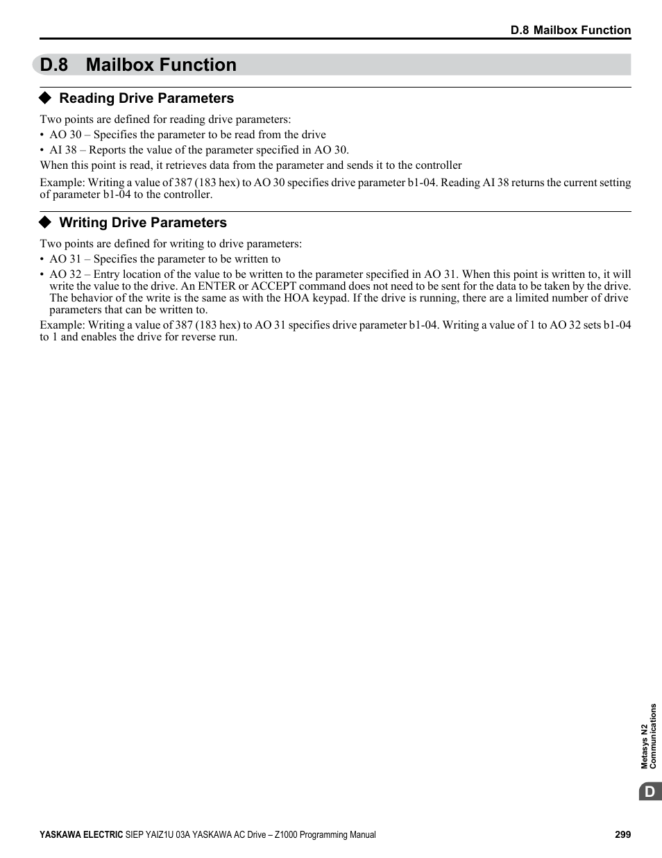 Mailbox function, Reading drive parameters, Writing drive parameters | D.8 mailbox function | Yaskawa AC Drive Z1000 AC Drive HVAC Fan User Manual | Page 299 / 340