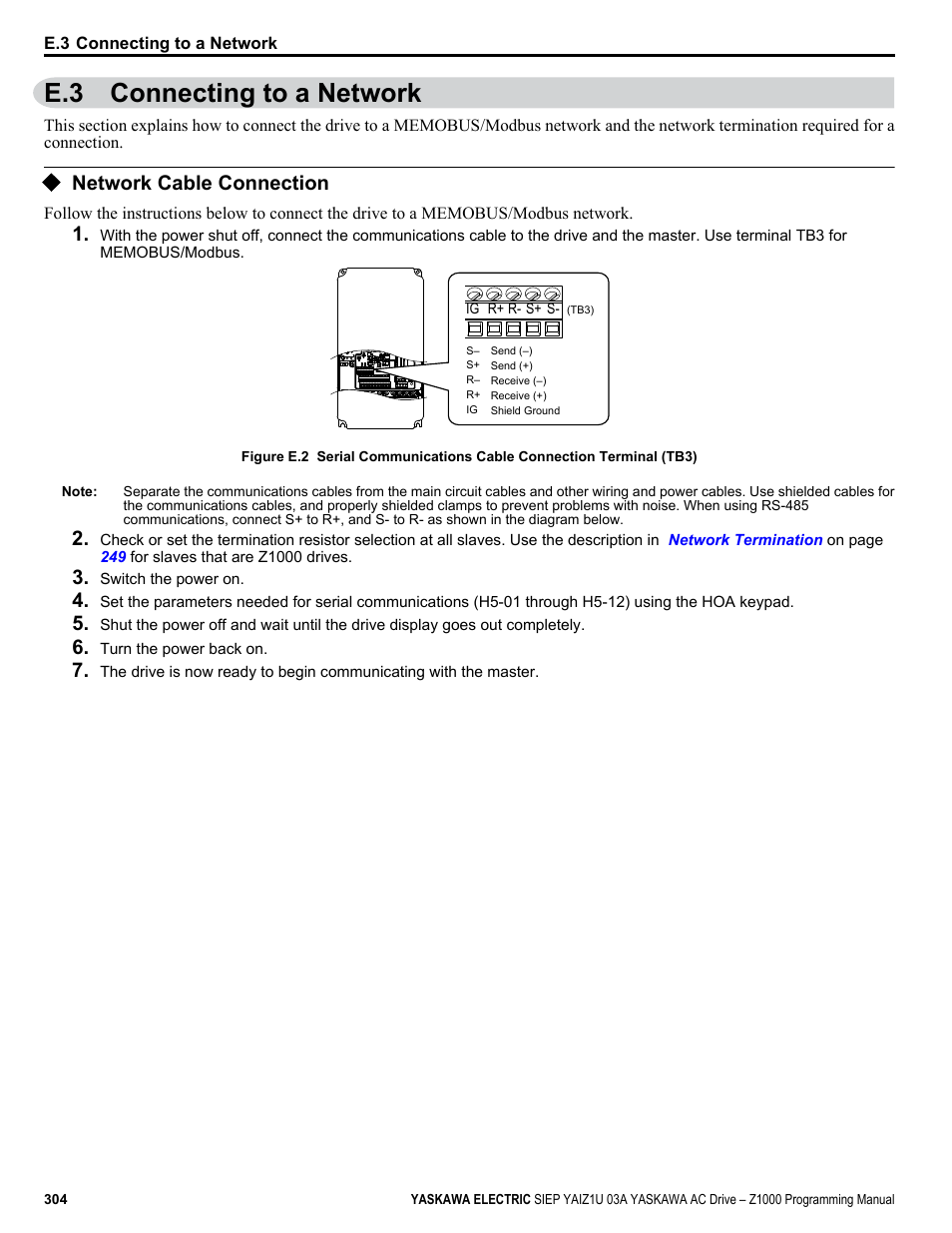 Connecting to a network, Network cable connection, E.3 connecting to a network | Yaskawa AC Drive Z1000 AC Drive HVAC Fan User Manual | Page 304 / 340