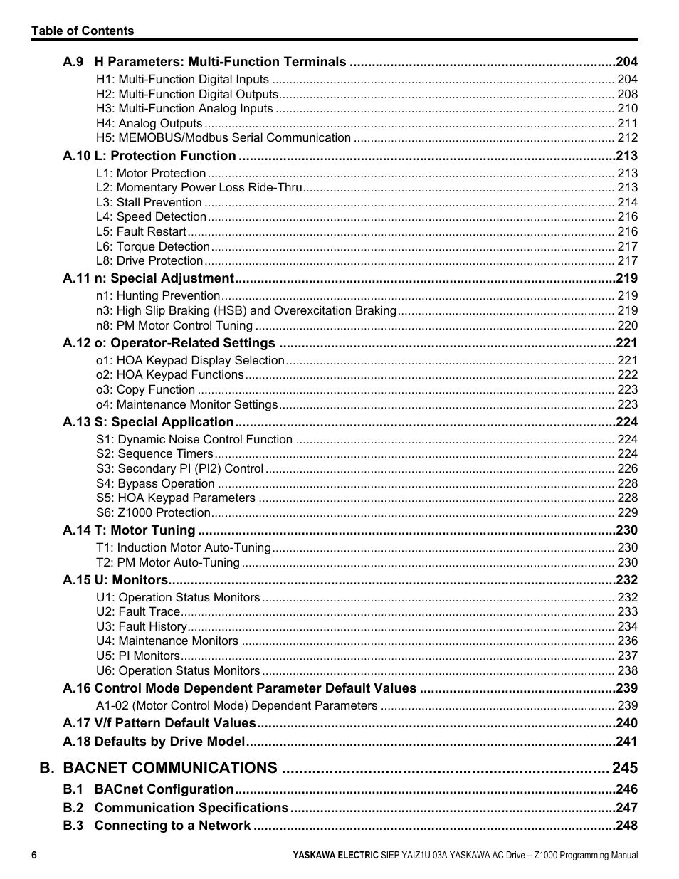 B. bacnet communications | Yaskawa AC Drive Z1000 AC Drive HVAC Fan User Manual | Page 6 / 340