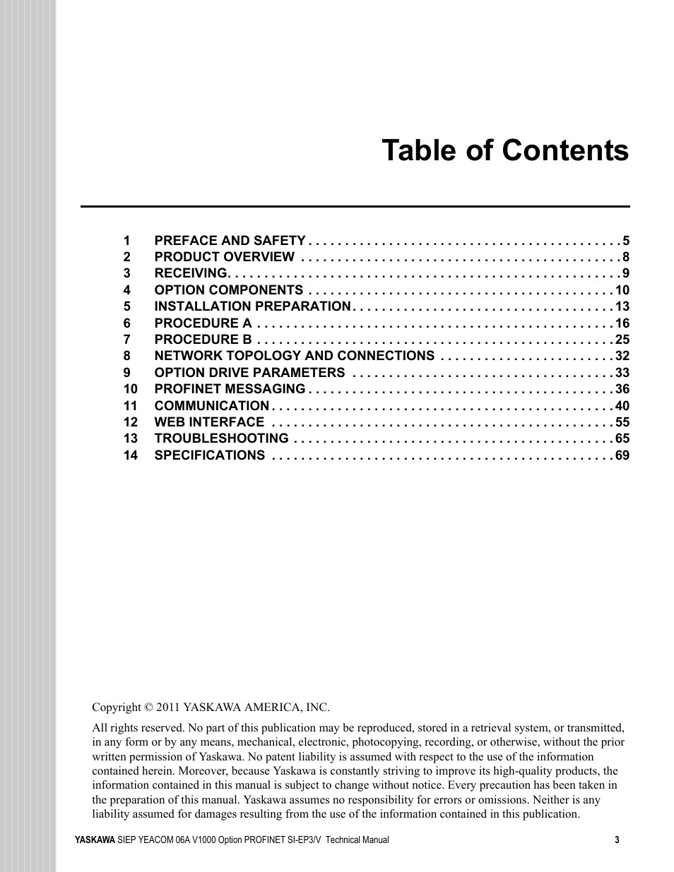 Yaskawa V1000-Series Option SI-EP3/V PROFINET User Manual | Page 3 / 72