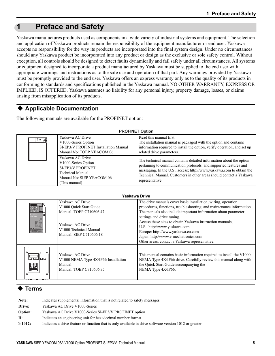1 preface and safety, Applicable documentation, Terms | Preface and safety, 1preface and safety | Yaskawa V1000-Series Option SI-EP3/V PROFINET User Manual | Page 5 / 72