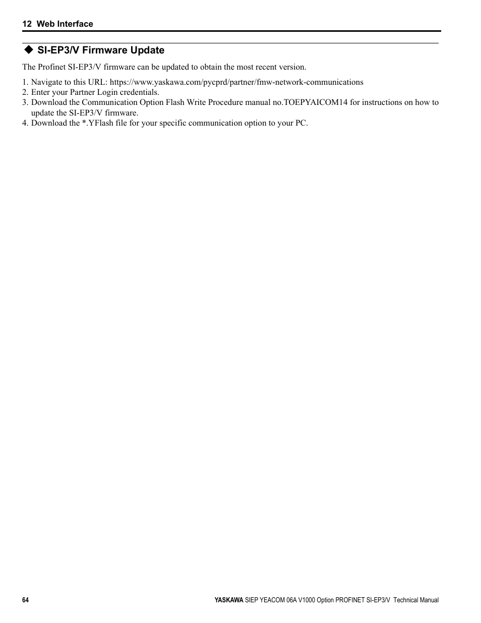 Si-ep3/v firmware update, To update si-ep | Yaskawa V1000-Series Option SI-EP3/V PROFINET User Manual | Page 64 / 72