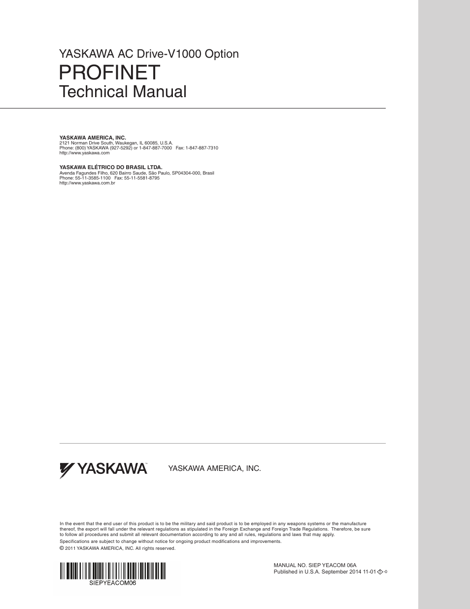Profinet, Technical manual, Yaskawa ac drive-v1000 option | Yaskawa V1000-Series Option SI-EP3/V PROFINET User Manual | Page 72 / 72