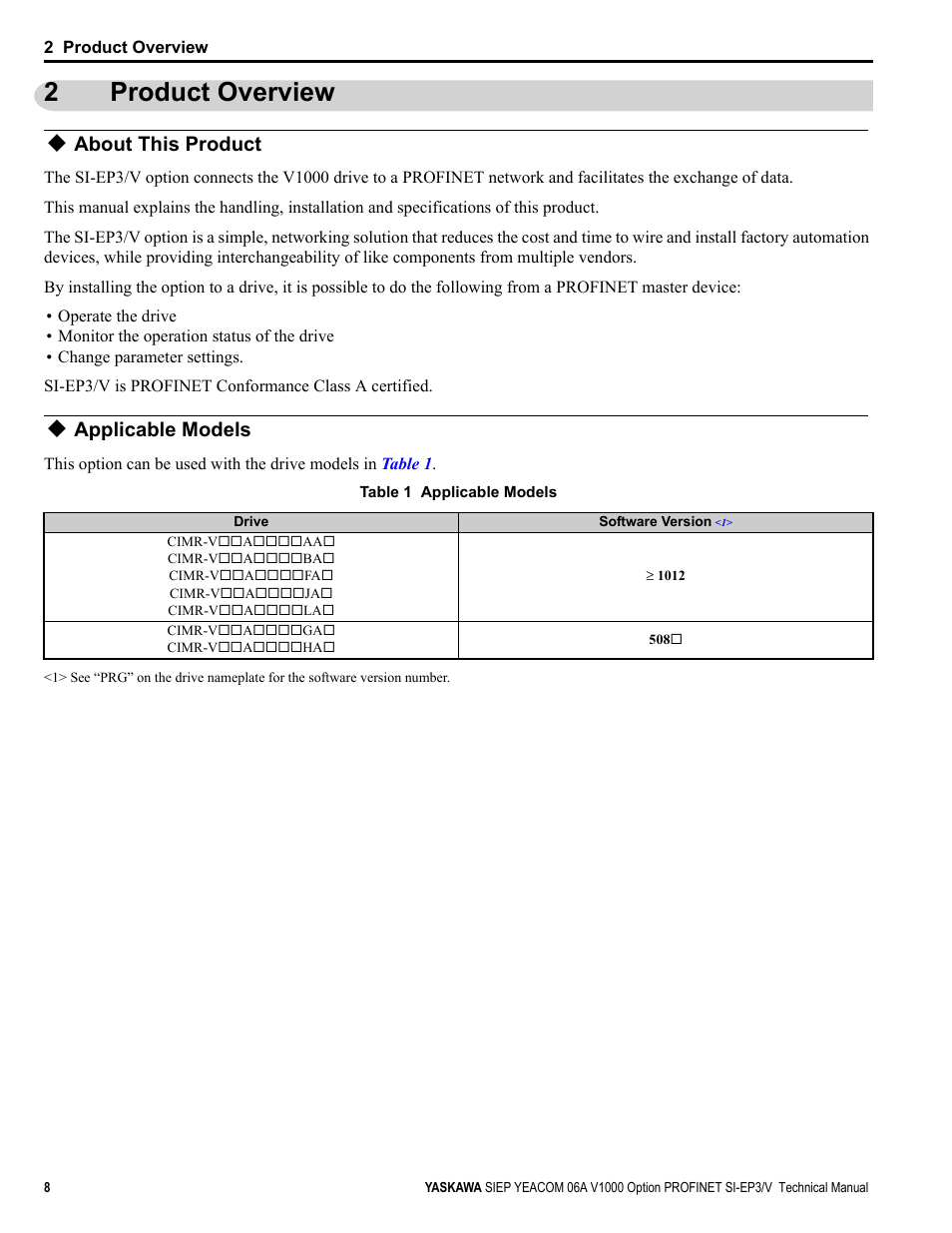 2 product overview, About this product, Applicable models | Product overview, 2product overview | Yaskawa V1000-Series Option SI-EP3/V PROFINET User Manual | Page 8 / 72