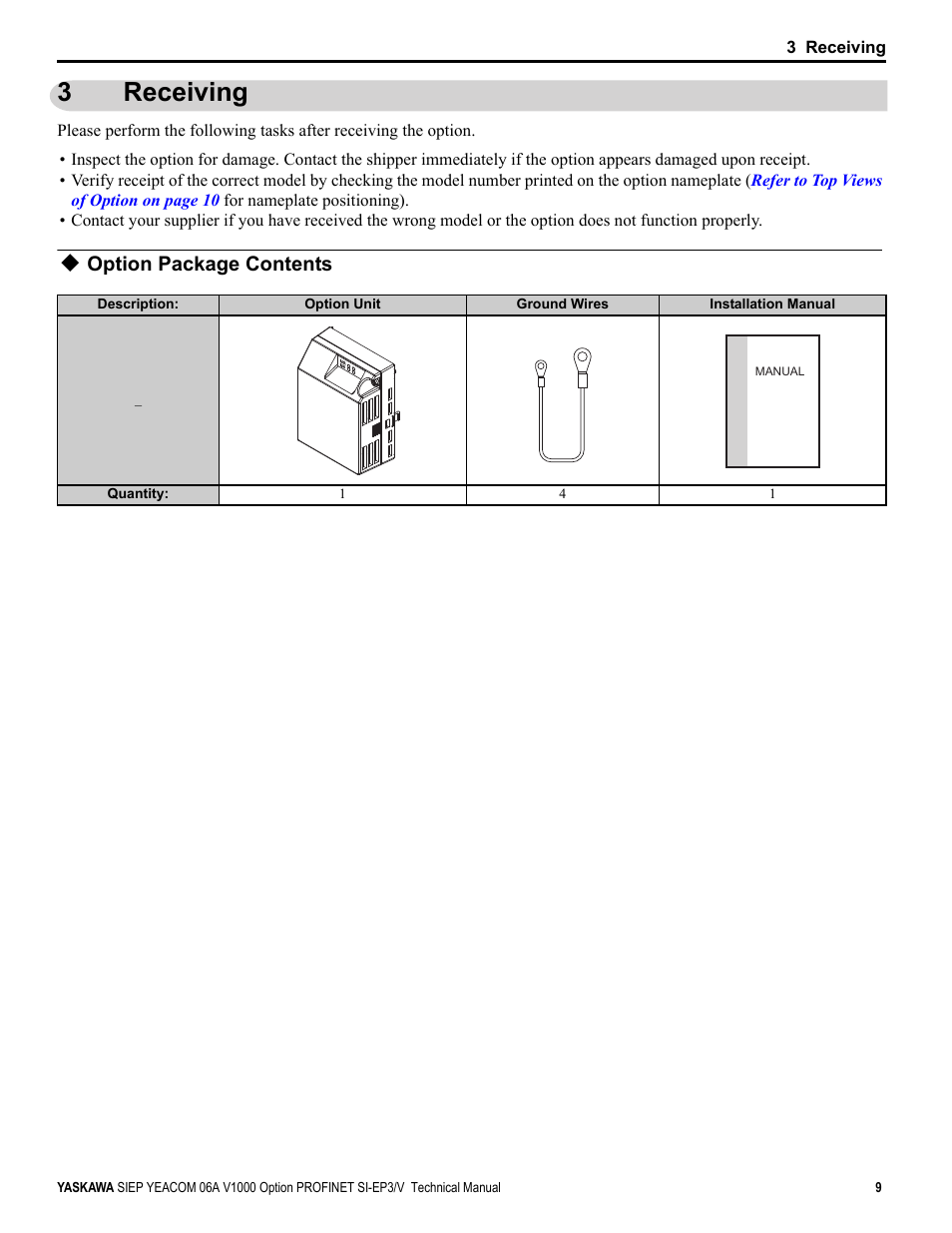 3 receiving, Option package contents, Receiving | 3receiving | Yaskawa V1000-Series Option SI-EP3/V PROFINET User Manual | Page 9 / 72