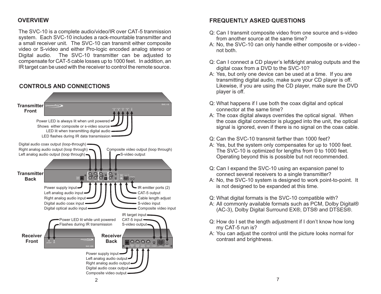 Controls and connections, Overview, Frequently asked questions | Channel Plus SVC-10 User Manual | Page 2 / 4