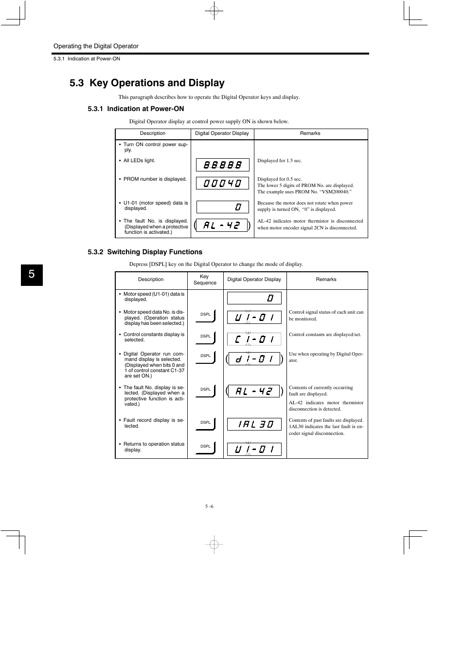 3 key operations and display, 1 indication at power-on, 2 switching display functions | Yaskawa Varispeed 626M5 User Manual | Page 101 / 305