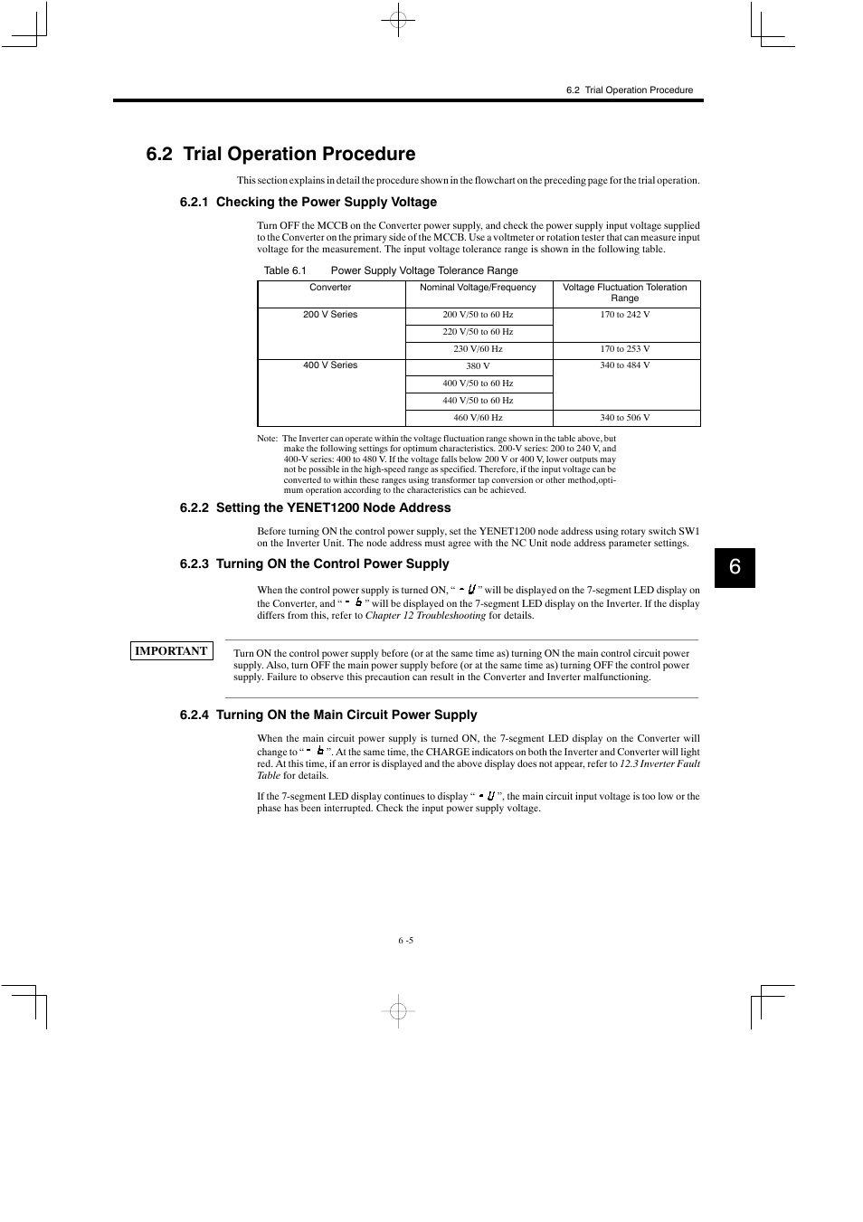 2 trial operation procedure, 1 checking the power supply voltage, 2 setting the yenet1200 node address | 3 turning on the control power supply, 4 turning on the main circuit power supply | Yaskawa Varispeed 626M5 User Manual | Page 111 / 305