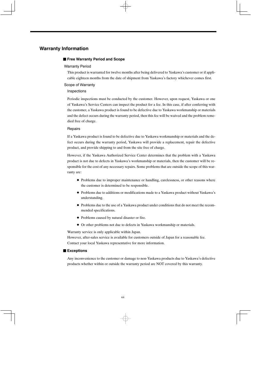 Warranty information | Yaskawa Varispeed 626M5 User Manual | Page 13 / 305