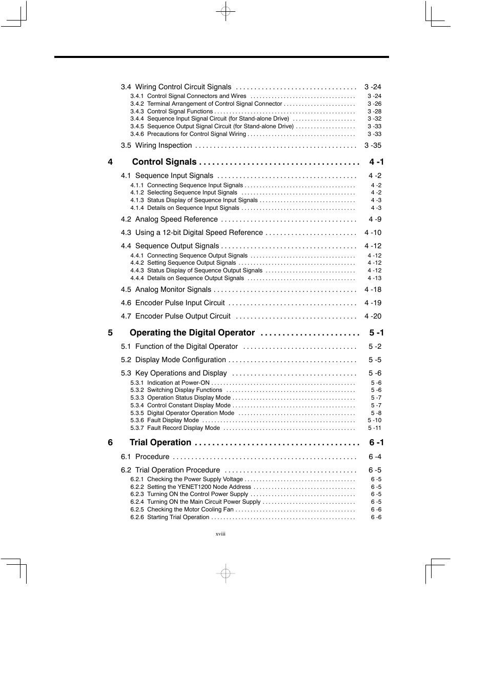 4control signals 4 -1, 5operating the digital operator 5 -1, 6trial operation 6 -1 | Yaskawa Varispeed 626M5 User Manual | Page 19 / 305