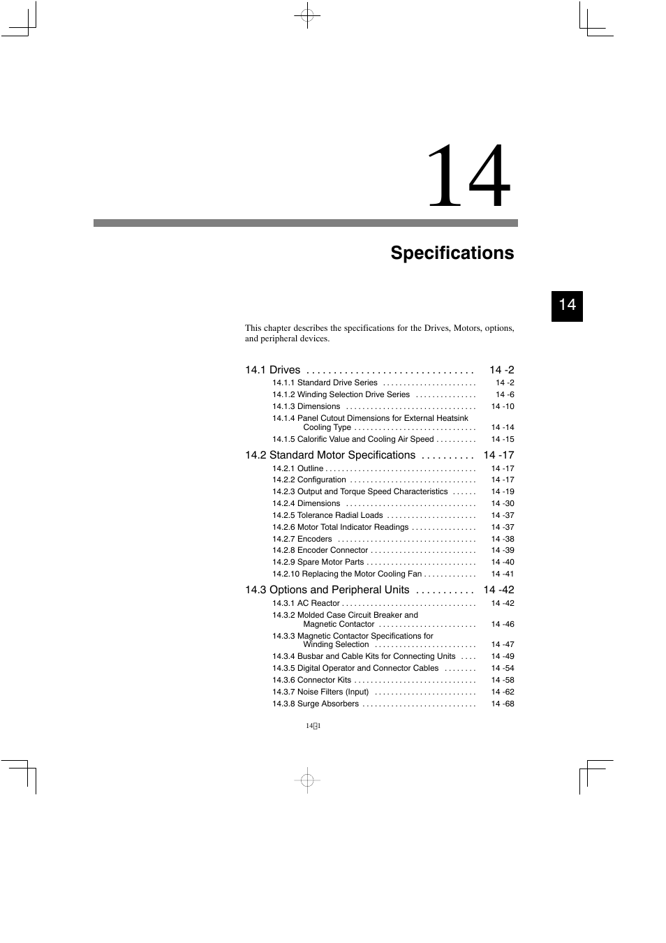 14 specifications, Specifications | Yaskawa Varispeed 626M5 User Manual | Page 205 / 305