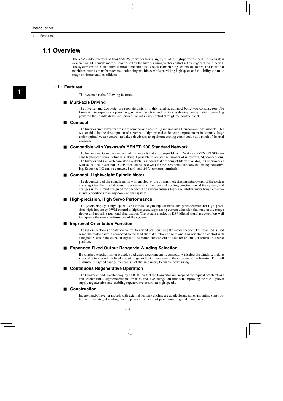 1 overview, 1 features | Yaskawa Varispeed 626M5 User Manual | Page 25 / 305