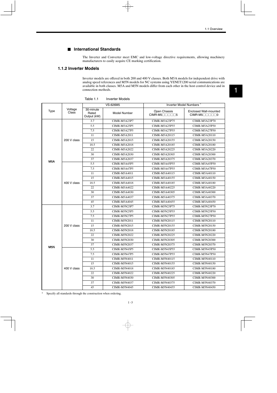 2 inverter models, International standards | Yaskawa Varispeed 626M5 User Manual | Page 26 / 305